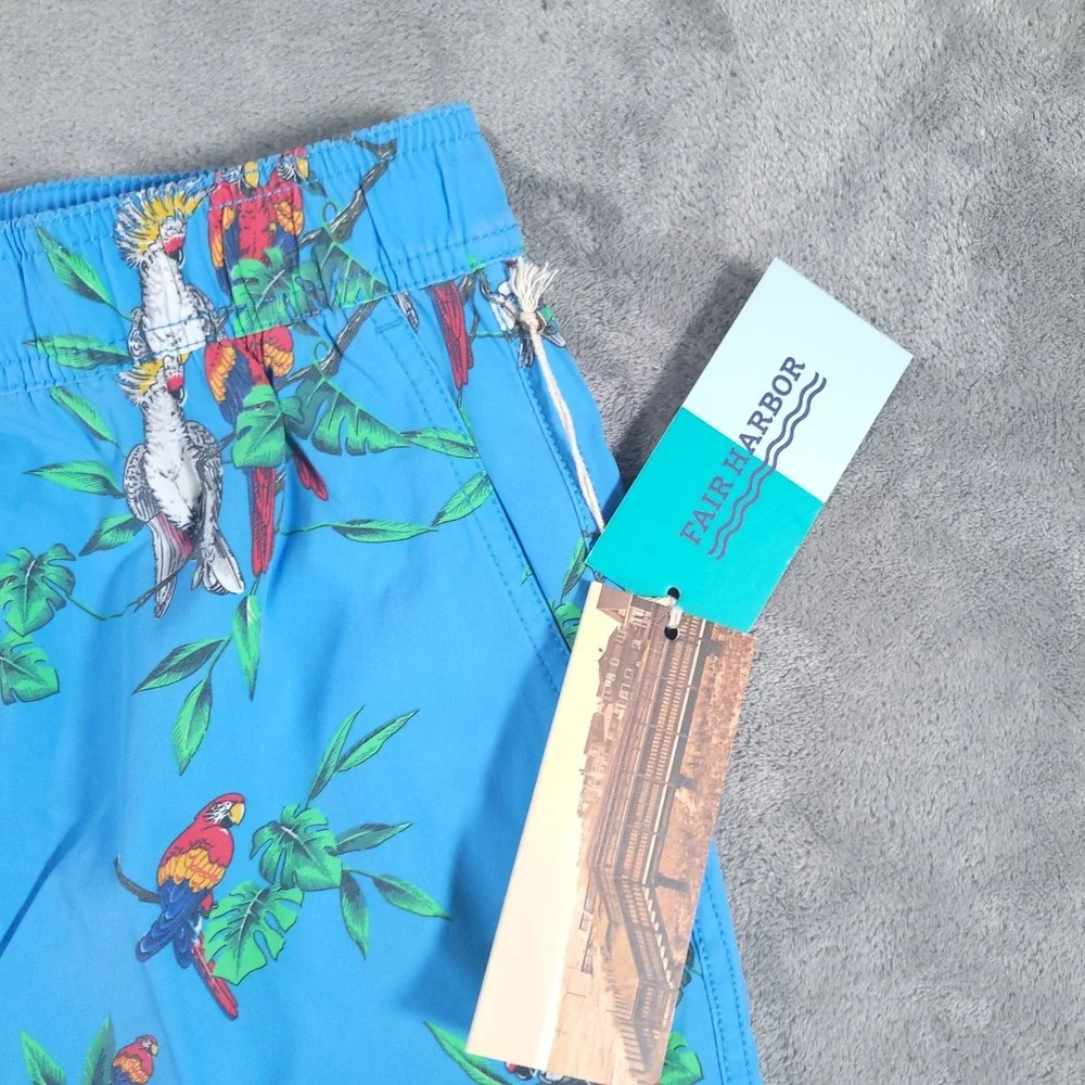 NEW Fair‎ Harbor Bungalow Short Mens 2X Blue Parrot Party Tropical Swim Trunks
